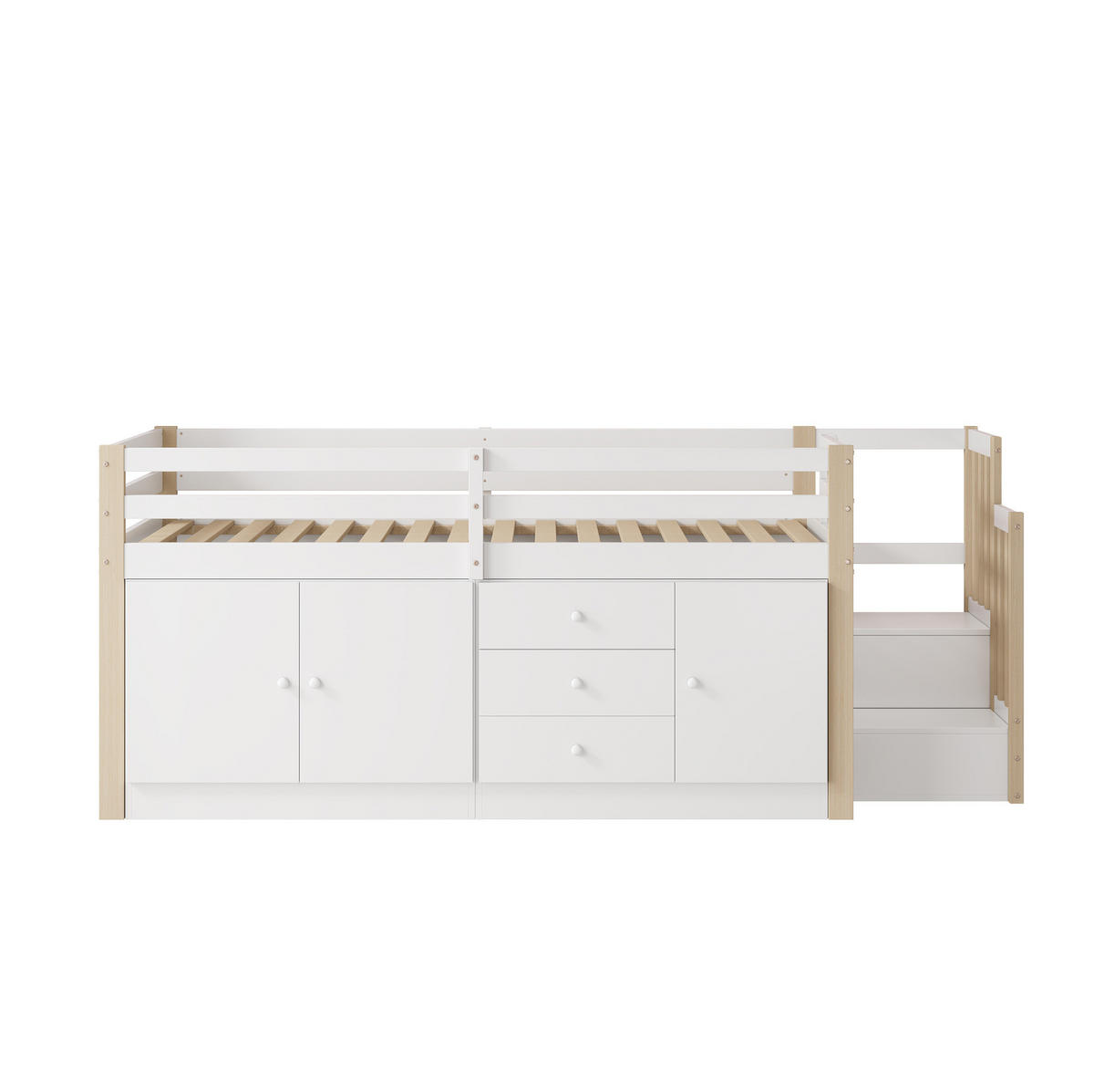 VYVÝŠENÁ posteľ 90/200 cm MDF biela, s úložným priestorom a schodmi - biela, kompozitné drevo (90/200cm) - BEAOK
