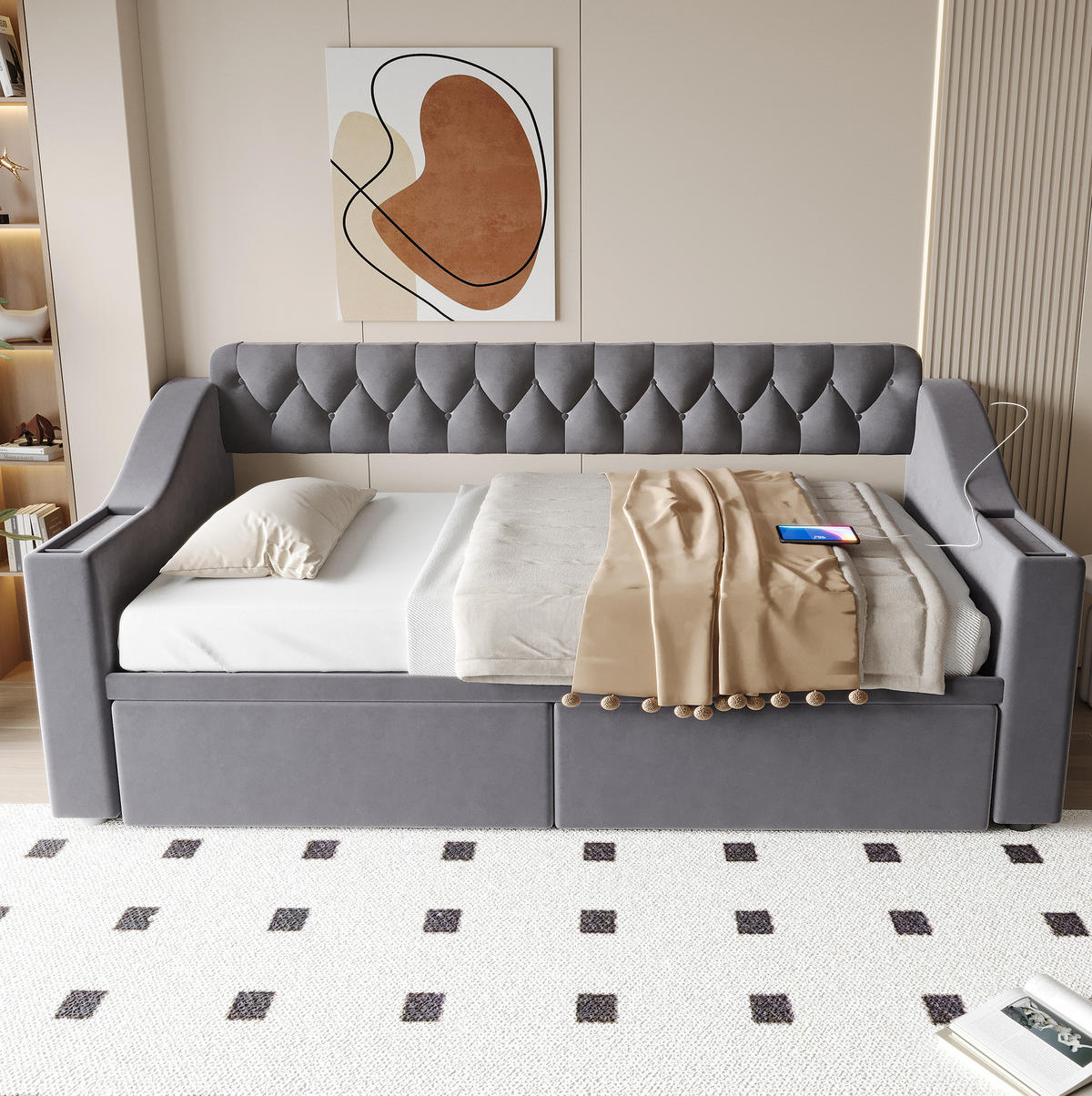 POLSTERBETT 90/190 cm Dunkelgrau mit USB- und Type-C-Anschlüssen und Stauraum - Grau, Textil (90/190cm) - Flora Grace