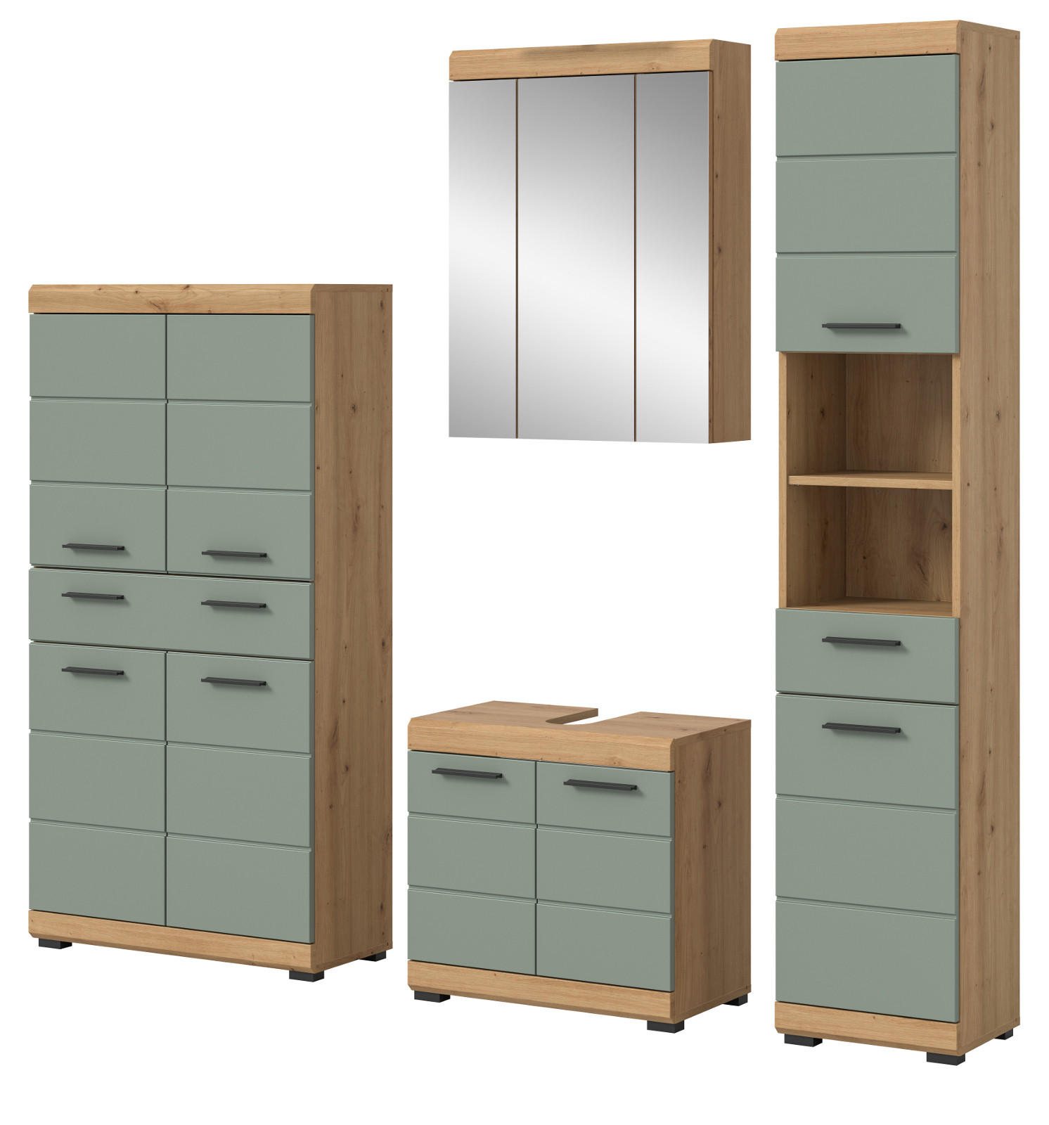 BADMÖBEL-SET Salbei grün, Eiche Artisan 4-teilig 200 cm, Komplettset mit viel Stauraum - Salbeigrün/Schwarz, Glas/Holzwerkstoff (186/191/34cm) - Inn.Furn