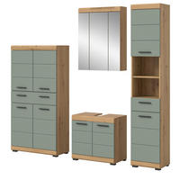 BADMÖBEL-SET Salbei grün, Eiche Artisan 4-teilig 200 cm, Komplettset mit viel Stauraum - Salbeigrün/Schwarz, Glas/Holzwerkstoff (186/191/34cm) - Inn.Furn