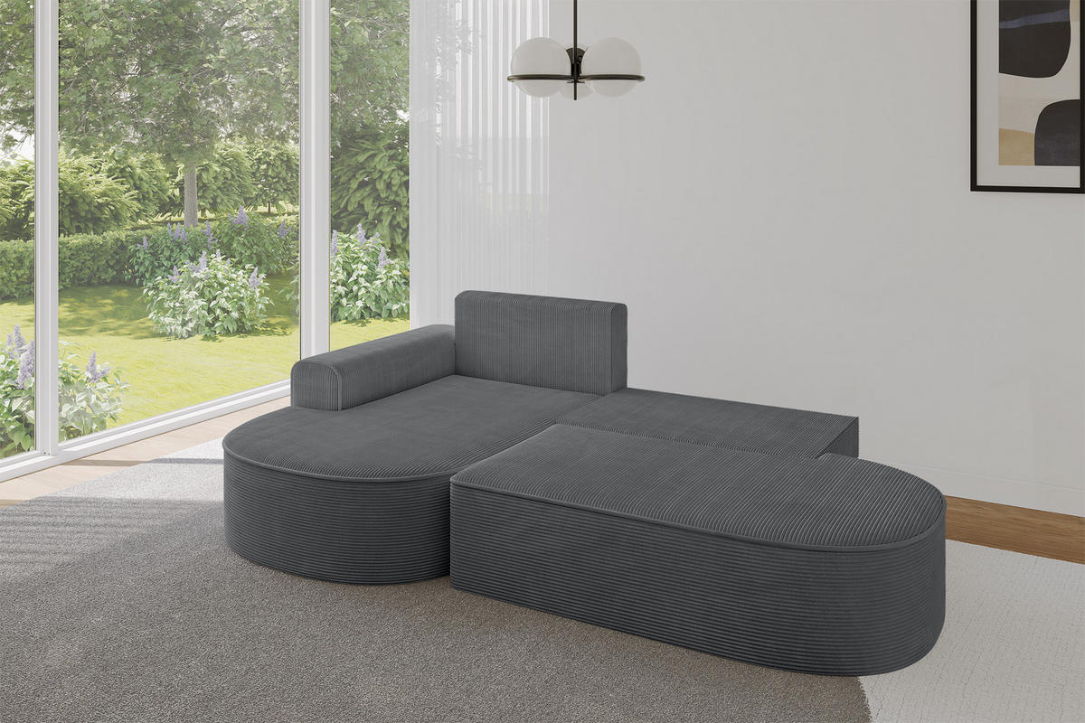 ECKSOFA mit Schlaffunktion und Bettkasten Ottomane Links MARI-L1-S - 283x167x85 cm Dunkelgrau Cord - Alufarben/Schwarz, Holzwerkstoff/Kunststoff (283/167cm) - ALTDECOR