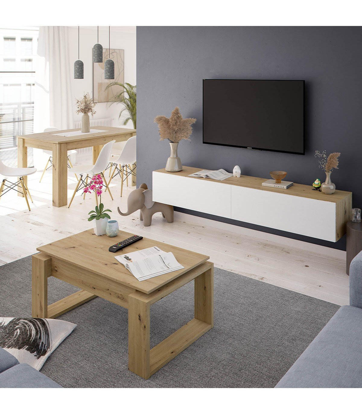 DESIGN Couchtisch mit hochklappbarer Tischplatte L102 cm - Ciara - Eiche Artisan, Holzwerkstoff (102/50/43cm) - Calicosy