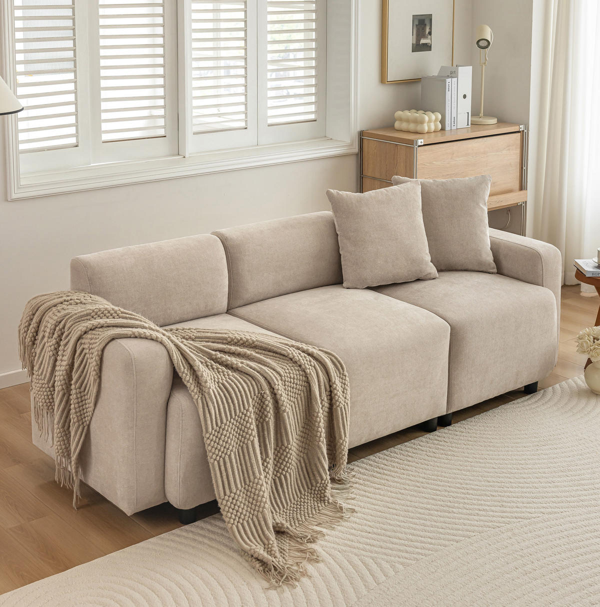 SOFA 3-Sitzer 211 x 67 x 71 cm Chenille Beige mit 2 Kissen - Beige, Kunststoff (211/71/67cm) - Meubliv