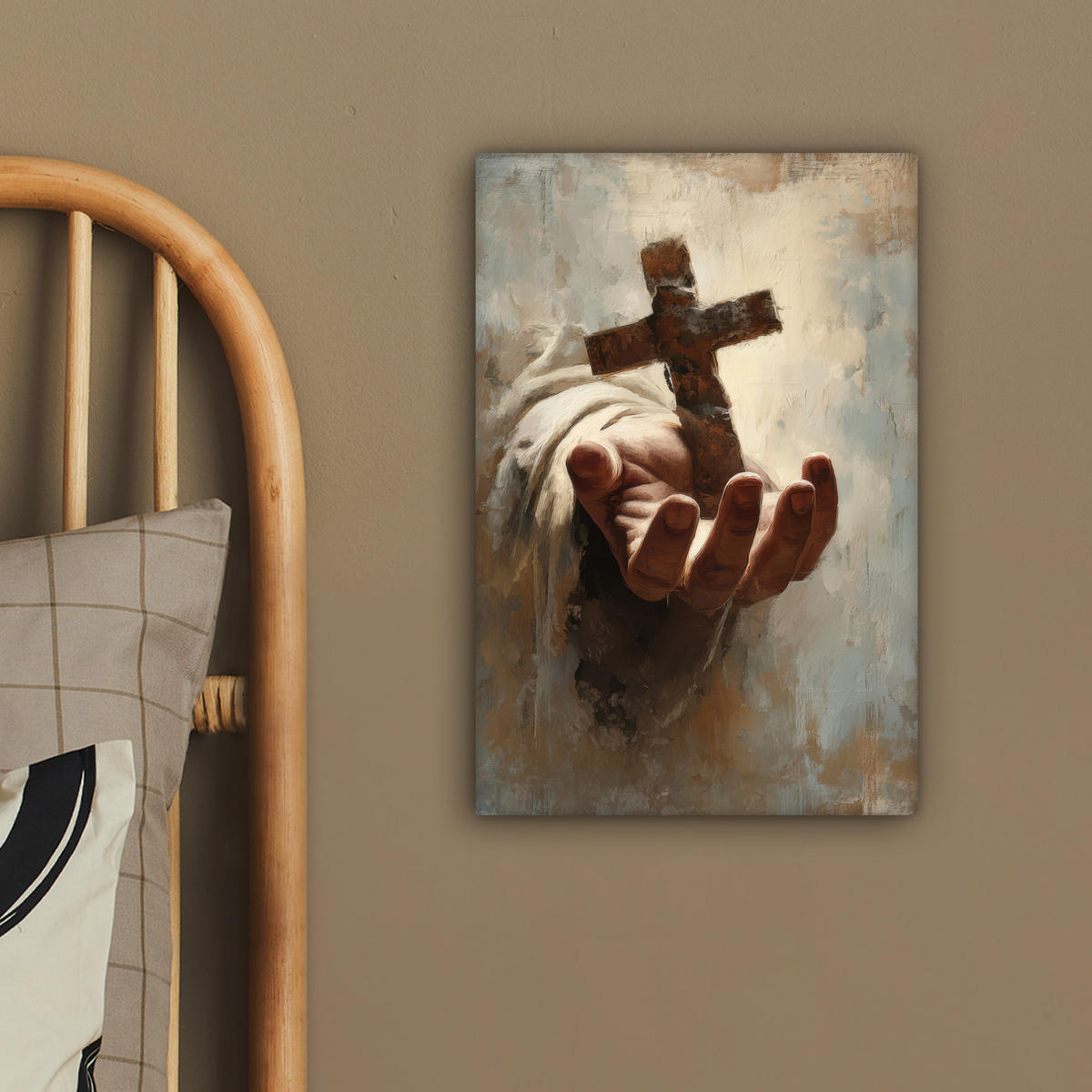 LEINWANDBILD Abstrakt - Kreuz - Hand - Christentum Deko Wohnzimmer 20x30 cm - Hellbraun, Textil (20/30cm) - MuchoWow