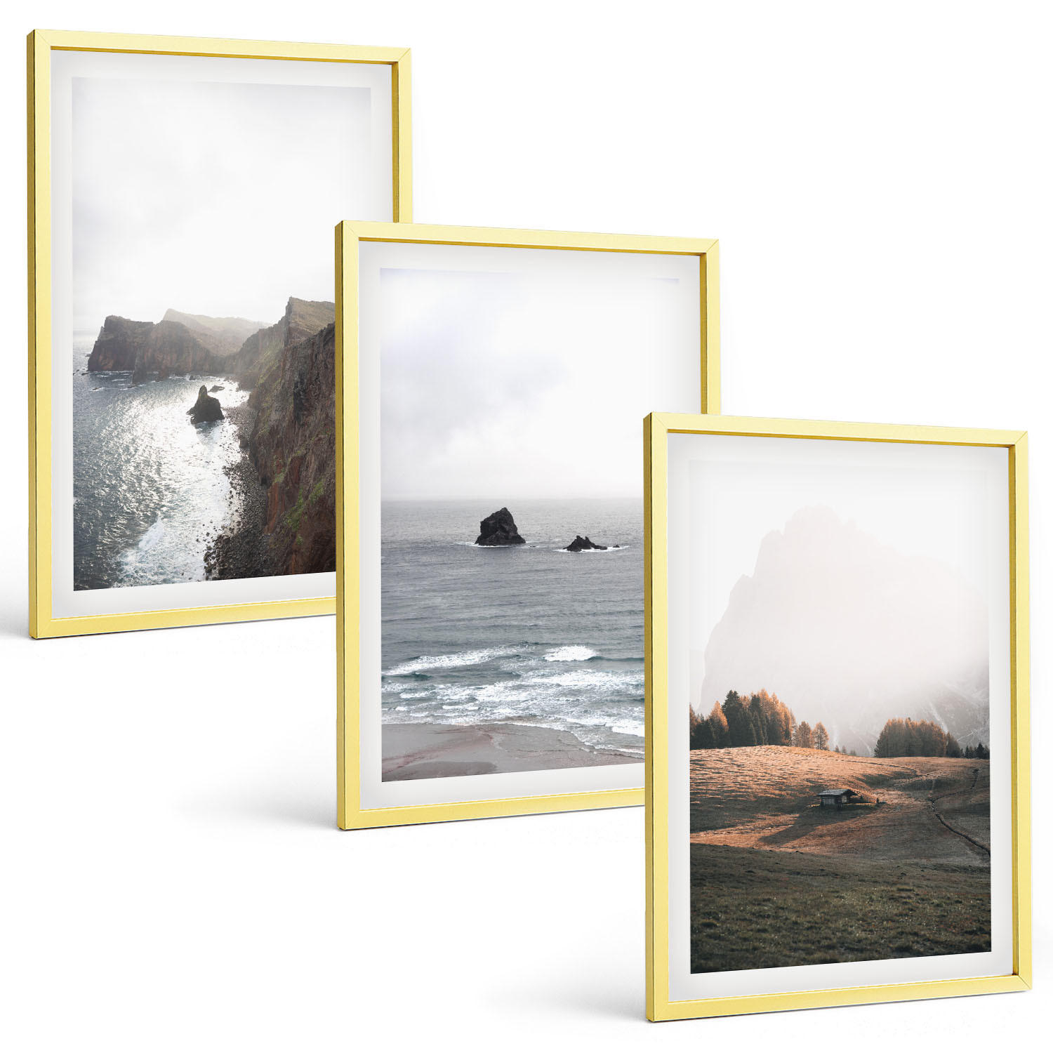 BILDER SET 3er Set - 40x60 cm Goldrahmen - Landschaften aus Bergen und Meer - Goldfarben, Kunststoff (40/60cm) - TULUP