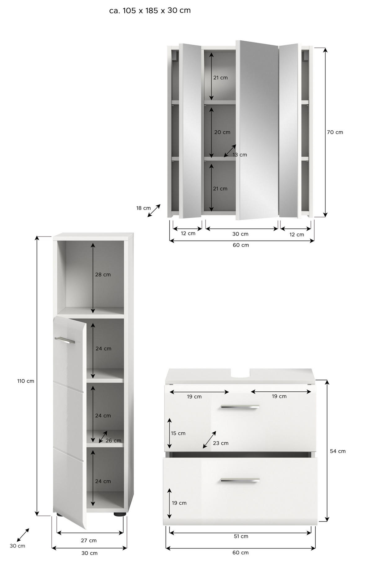 BADKOMBINATION Ice 105x185x30 cm weiß Hochglanz MDF 3tlg. - Weiß, Holz (105/185/30cm)