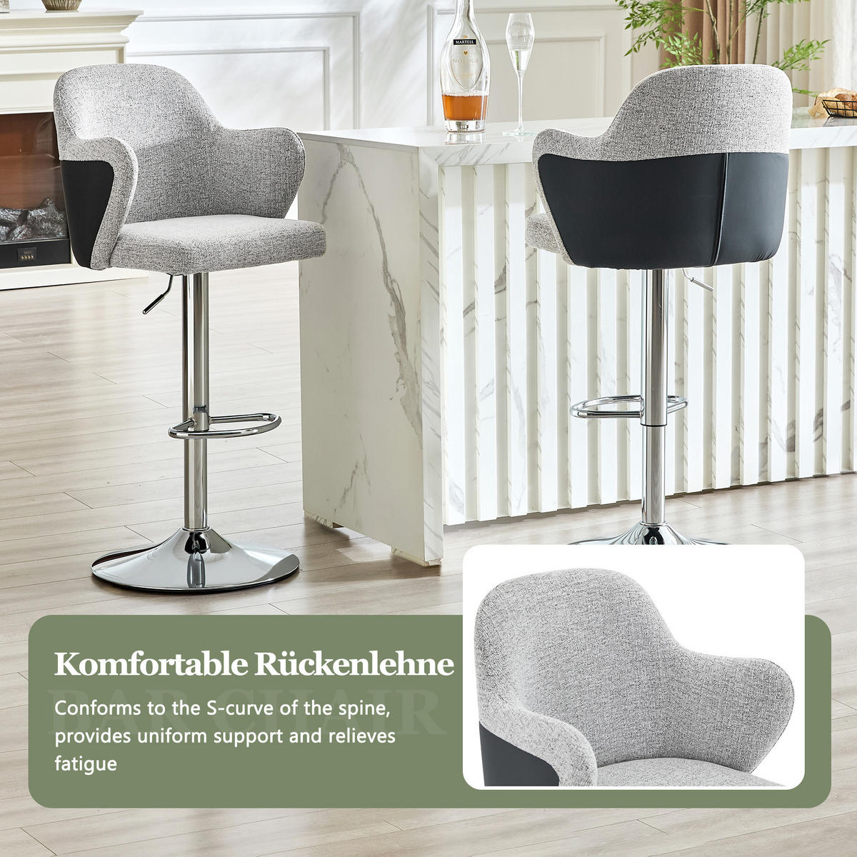 BARHOCKER 2er-Set Hellgrau mit Armlehnen, 360° Drehbar & Höhenverstellbar - Hellgrau, Textil (45/118/37.6cm) - PANGIVO