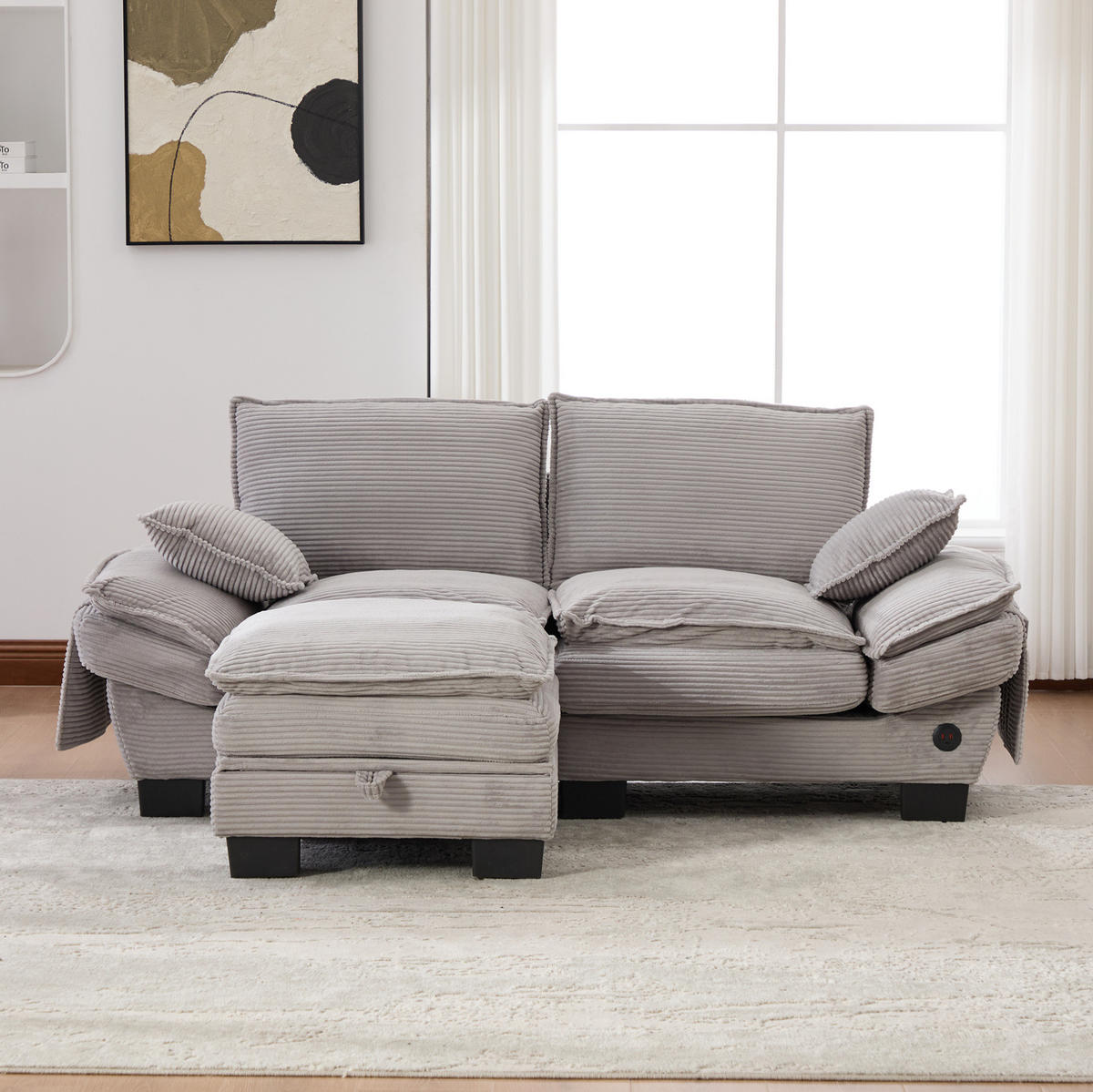 SOFA 2-Sitzer mit Hocker 190 x 132 x 84 cm Corduroy Light Gray - Hellgrau, Kunststoff (132/190.1cm) - Meubliv