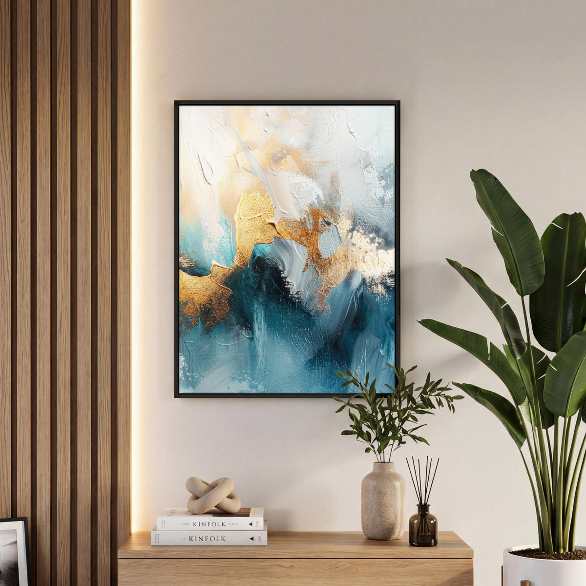 LEINWAND Bilder mit Rahmen - Abstrakt - Kunst - Gold - Blau - 60x80 - Petrol, Textil (60/80cm) - MuchoWow