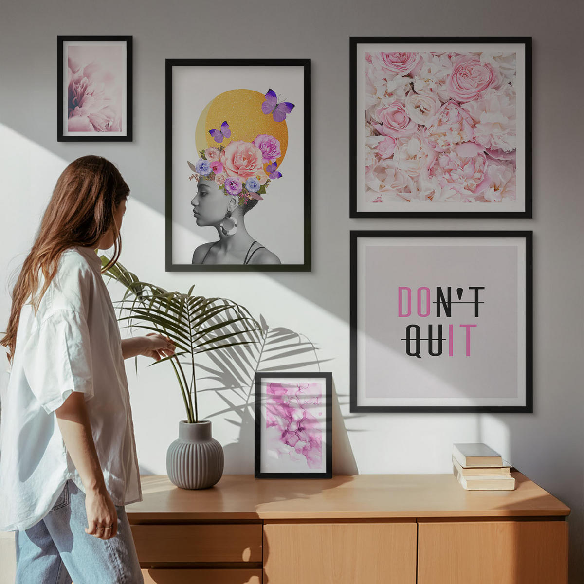 BILDER SET 5er Set - 50x50 cm & 20x30 cm & 40x60 cm Schwarzer Rahmen - Abstraktes Blumenporträt einer Frau - Schwarz, Kunststoff (40/60cm) - TULUP