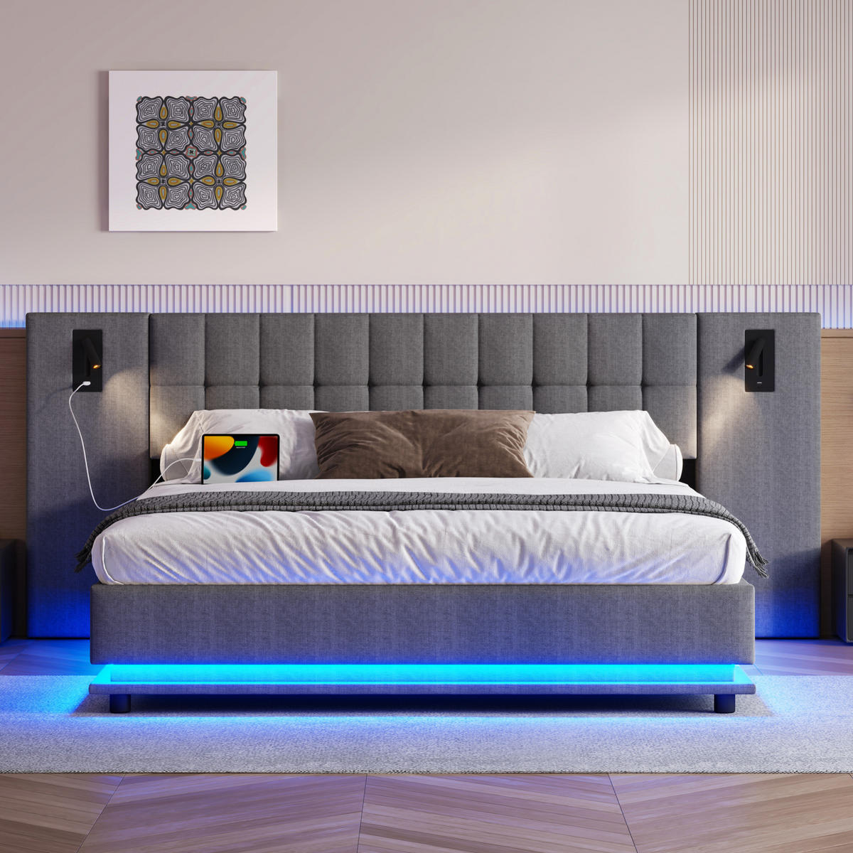 ČALÚNENÁ posteľ 180/200 cm s LED osvetlením, čelom so spotom a USB portom, bez matraca, Sivá - sivá, textil (180/200cm) - Redom