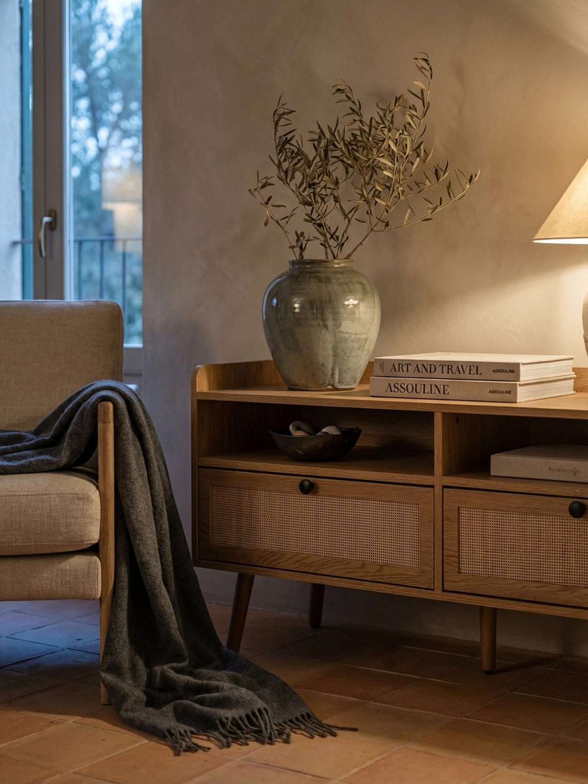 LOWBOARD Eiche-Dekor Rattan Modern Stil 120x56x39 cm mit Schubladen - Eichefarben/Braun, Holz (120/56/39cm) - KADIMA DESIGN