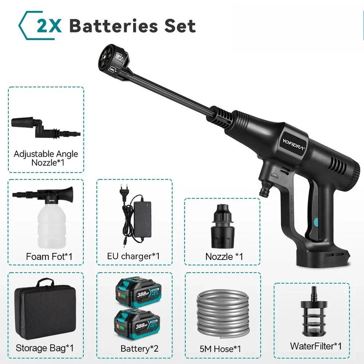 ELEKTRO-HOCHDRUCKREINIGER 6IN1 200Bar Bürstenloser für Makita Akku, Mit 2 Batterien - Schwarz, Kunststoff (41.5/23cm) - Coonoor