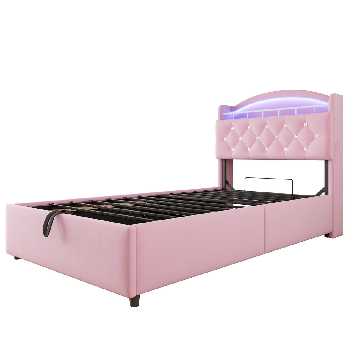 POLSTERBETT 90/200 cm rosa mit Stauraum und LED-Beleuchtung - Pink, Textil (90/200cm) - OKWISH