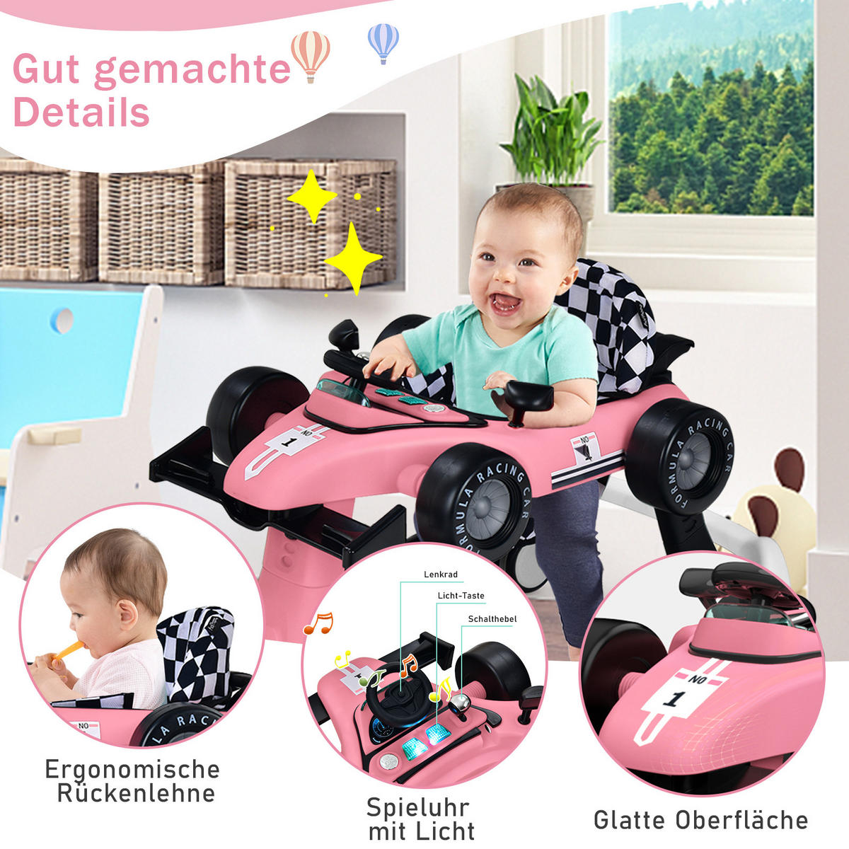 LAUFLERNWAGEN Pink - Pink, Kunststoff (64/56/73cm) - COSTWAY