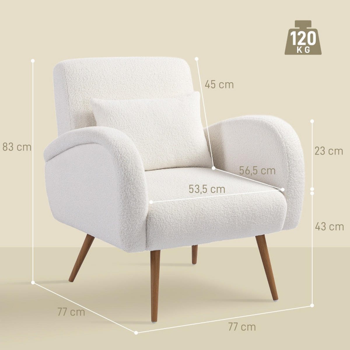 SESSEL Fleece Cremeweiß mit Lendenkissen - Weiß, Holzwerkstoff/Textil (77/83/77cm) - WISHDOR