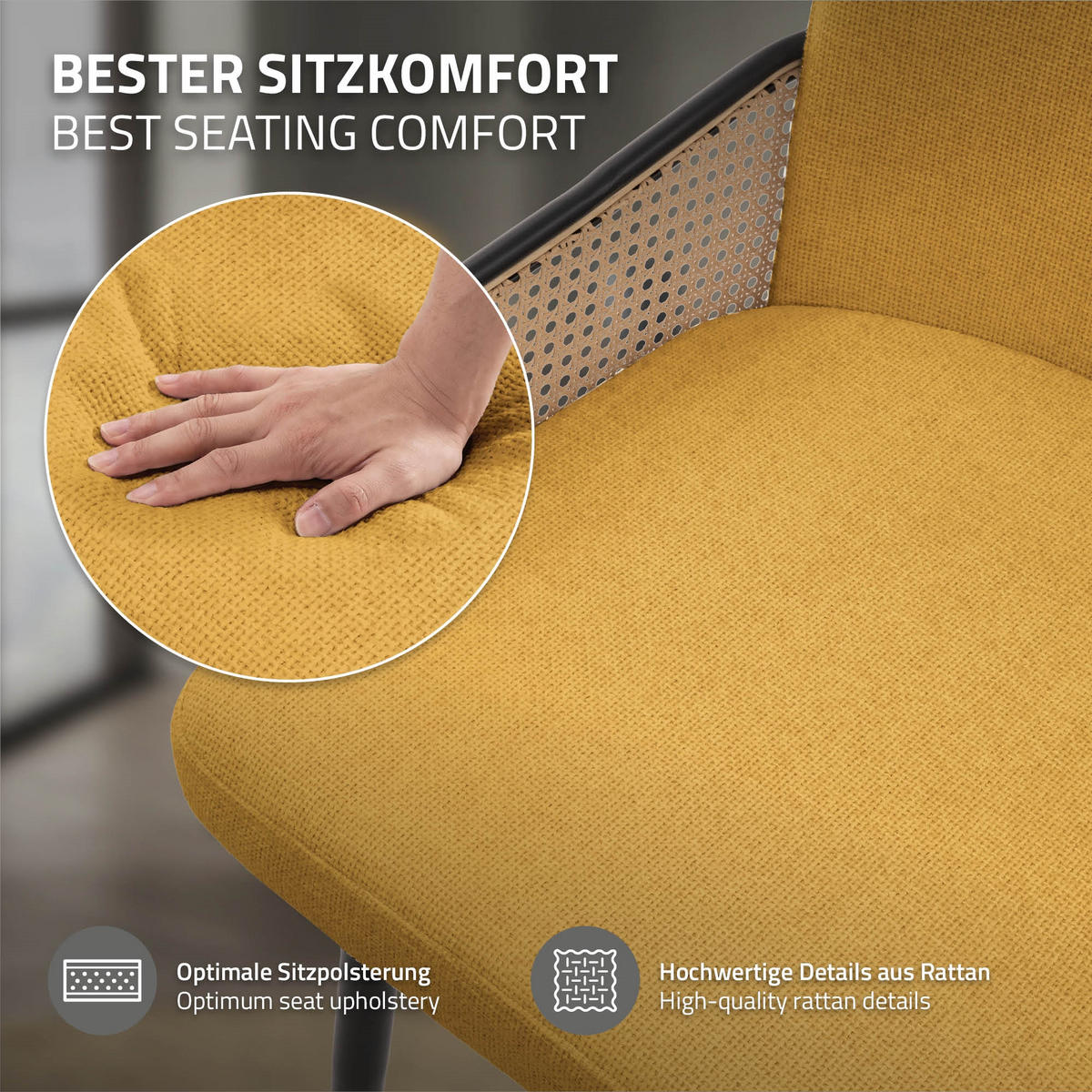 JÍDELNÍ ŽIDLE, sada 6 ks, hořčičná, s látkovým potahem, ratanový vzhled - černá/žlutá, kov/textil (51/91/61cm) - ML-DESIGN