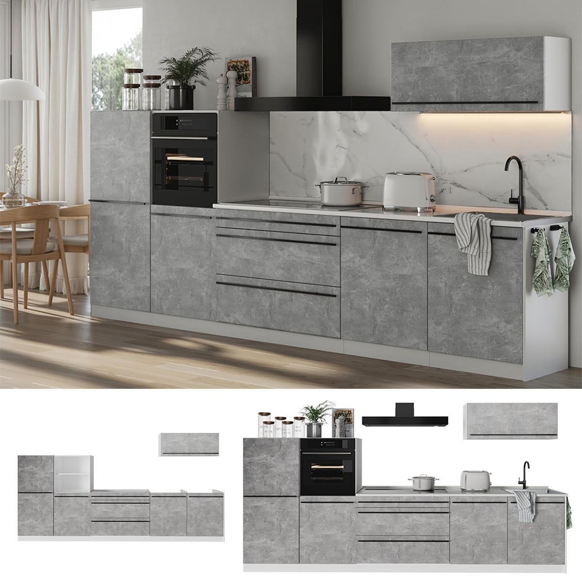 KUCHYNKA R-Line, betón/biely, 340 cm antrasiitti työtaso - sivá/biela, kompozitné drevo (340/143/60cm) - Vicco