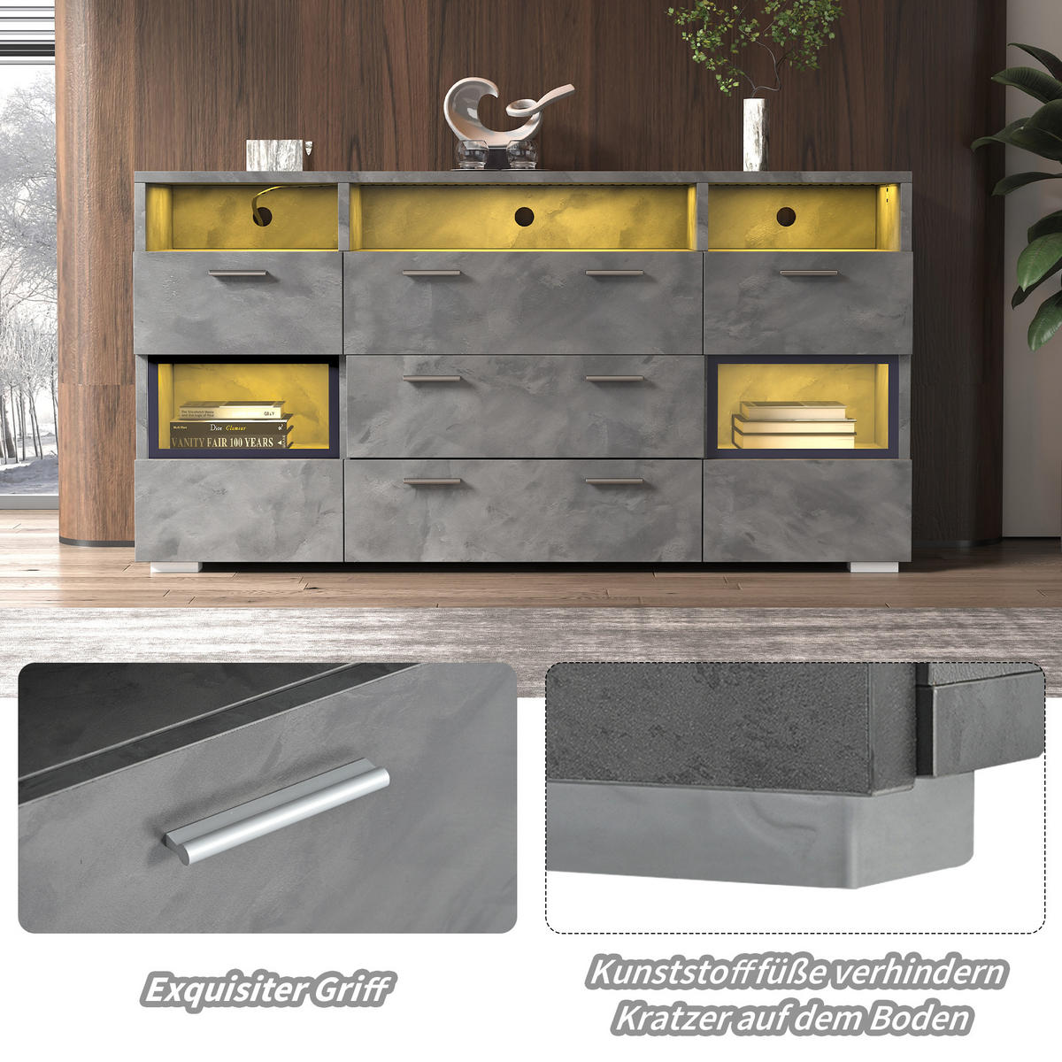 SIDEBOARD LED 2 Türen 3 Schubladen Grau 140cm - Grau, Holzwerkstoff (33.5/72.5/140cm) - FLIEKS