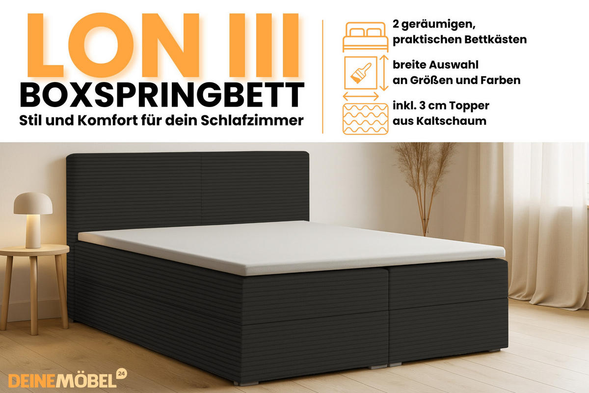 BOXBETT LON III 140/200 in Cord Schwarz H4 - Schwarz, Holz/Holzwerkstoff (140/200cm) - Deine Möbel 24