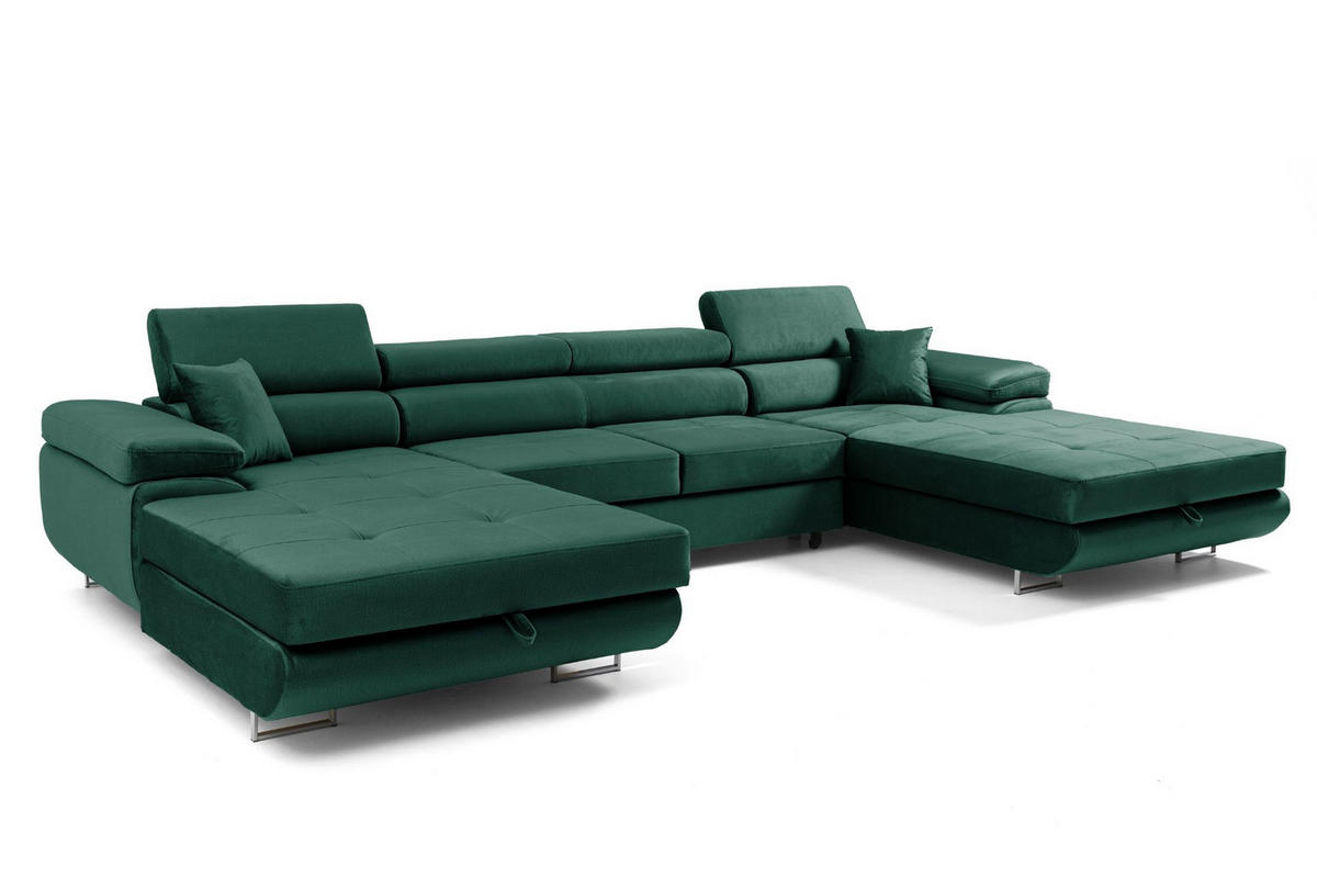 ECKSOFA U-Form ALONZO U mit Schlaffunktion 130x280 Velours Grün - Silberfarben/Grün, Holz/Textil (350/90/203cm) - Muffo