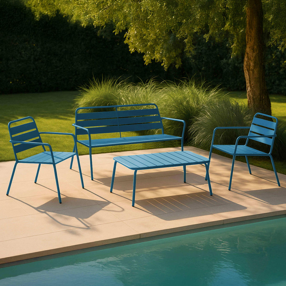 GARTENMÖBEL 5-tlg., Pazifikblau - Blau, Metall - Oviala