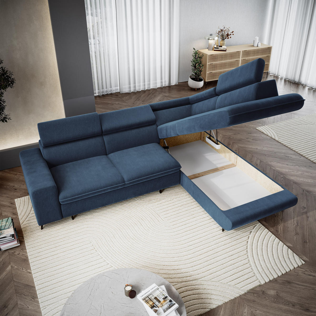 ECKSOFA VELISS Blau Veloursstoff mit Schlaffunktion - Blau, Holz (255/193cm) - MASSENO
