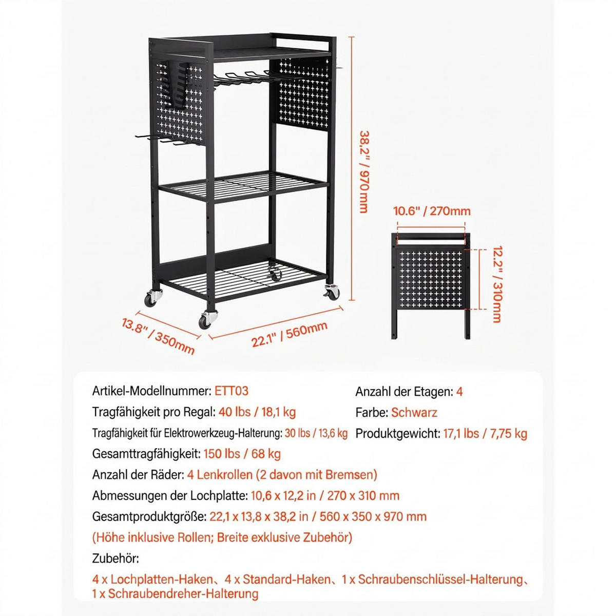 GERÄTEHALTER 4 Ebenen-Rollbarer Bohrmaschinenhalter 68kg Tragkraft Schwarz - Schwarz, Metall (10/10/10cm) - Raelunyi