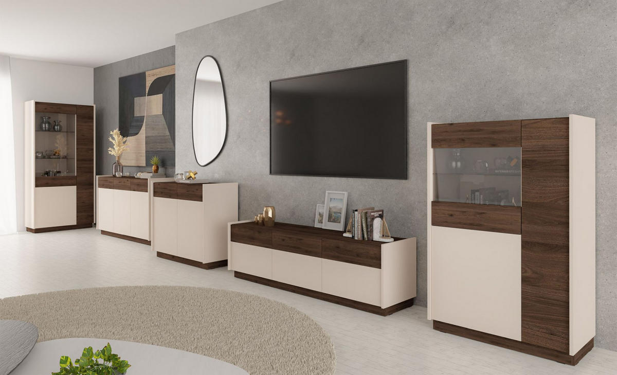 VITRINE Kobbe Beige / Nussbaum 85 cm - Beige, Holzwerkstoff (85.4/130/40cm) - Selsey