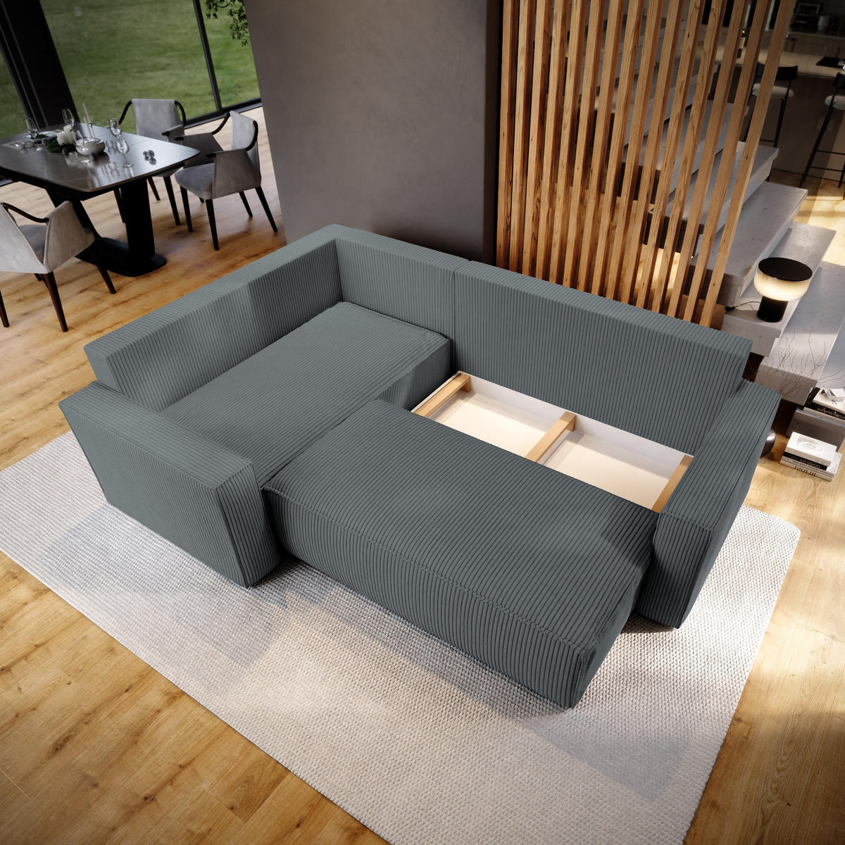 ECKSOFA ESTANO L-S Grau Kordstoff mit Schlaffunktion - Grau, Holz (230/158cm) - MASSENO