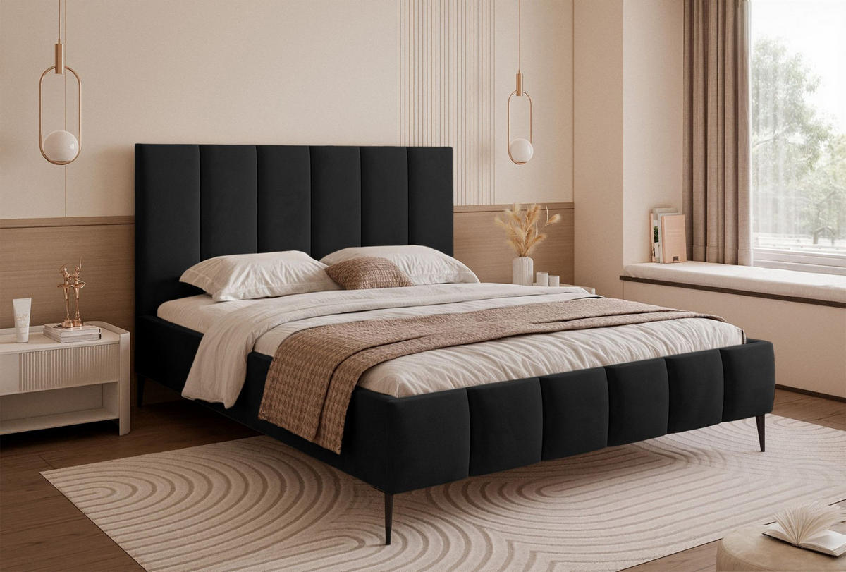 POLSTERBETT Sarafino Schwarz Samt 180x200 cm - Schwarz, Textil/Metall (180/200cm) - Selsey