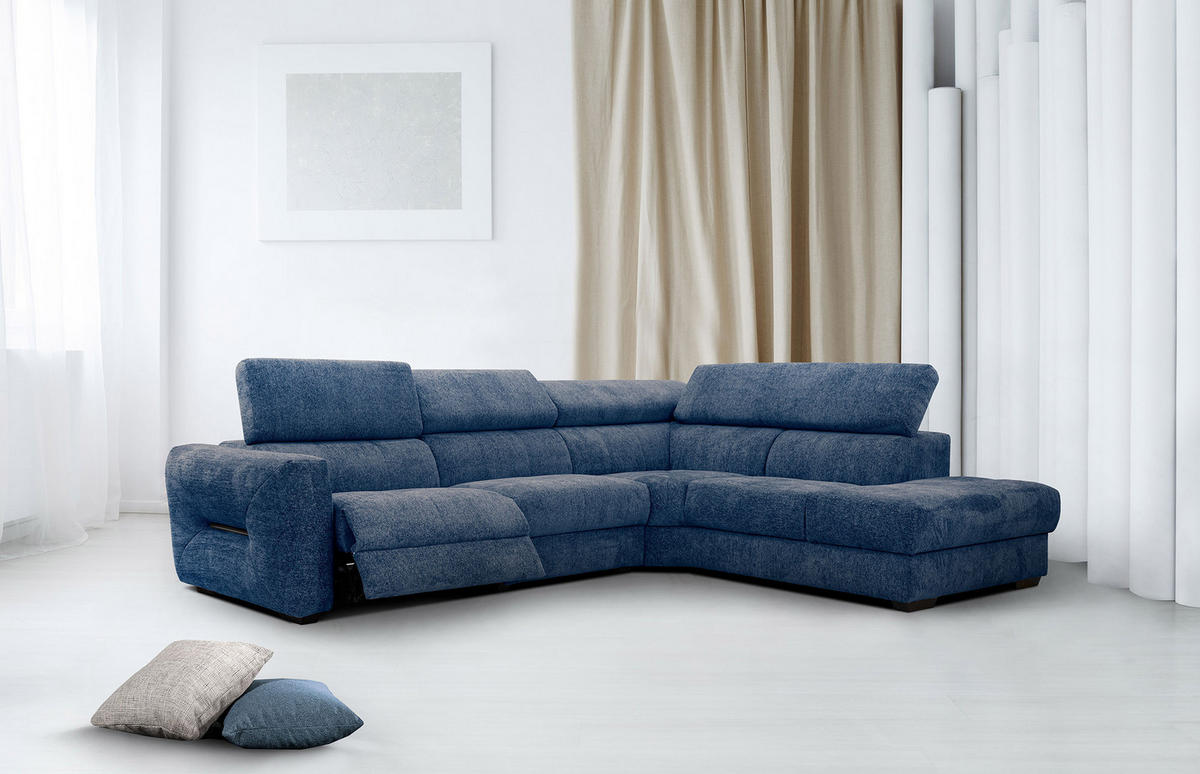 ECKSOFA CALVERA 5-Sitzer mit 1 Relaxfunktion, dunkelblau - Schwarz/Dunkelblau, Holzwerkstoff/Textil (297/239cm) - Courtois Laville