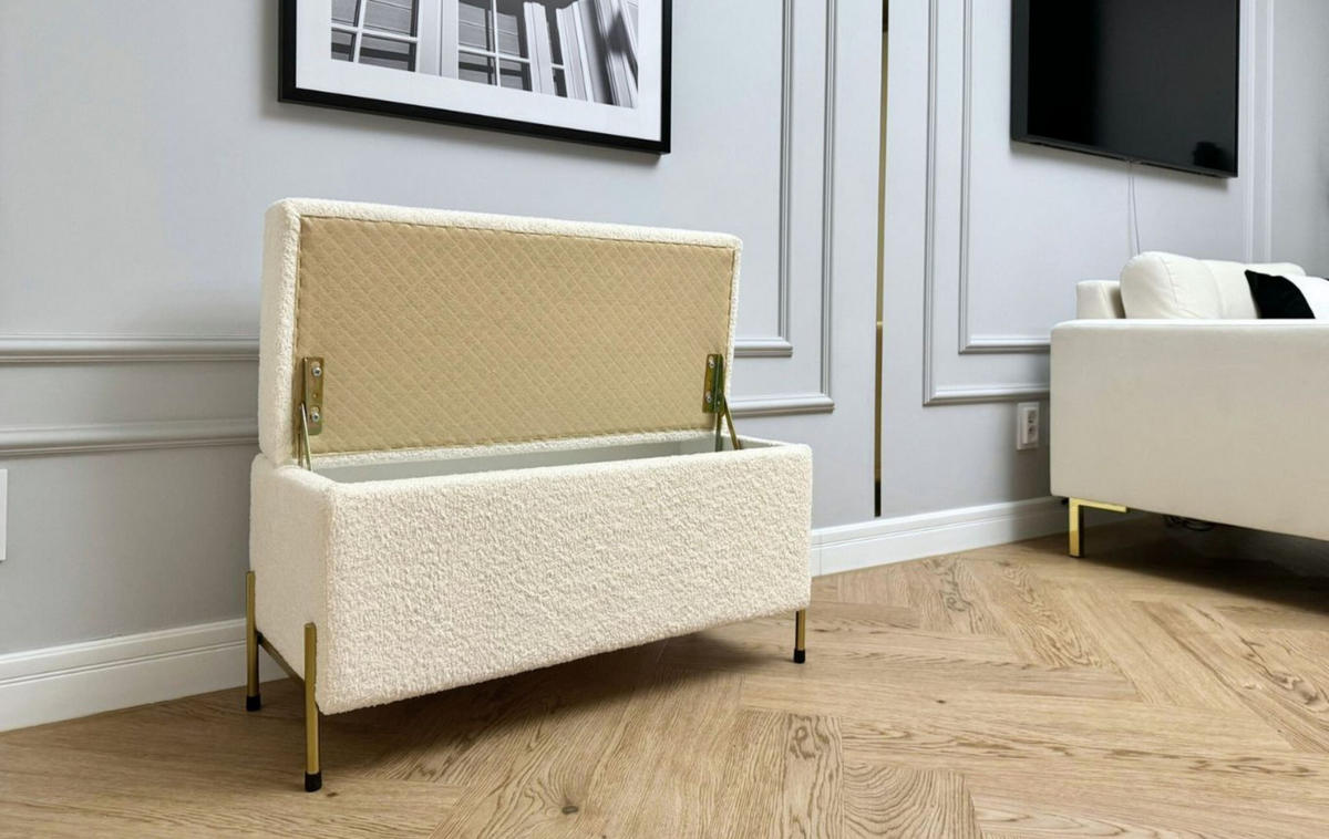 HOCKERBANK Borgo Mit Stauraum, Boucle Creme, Metal Gold - Ecru/Goldfarben, Holzwerkstoff/Metall (80/46/37cm) - Dancan
