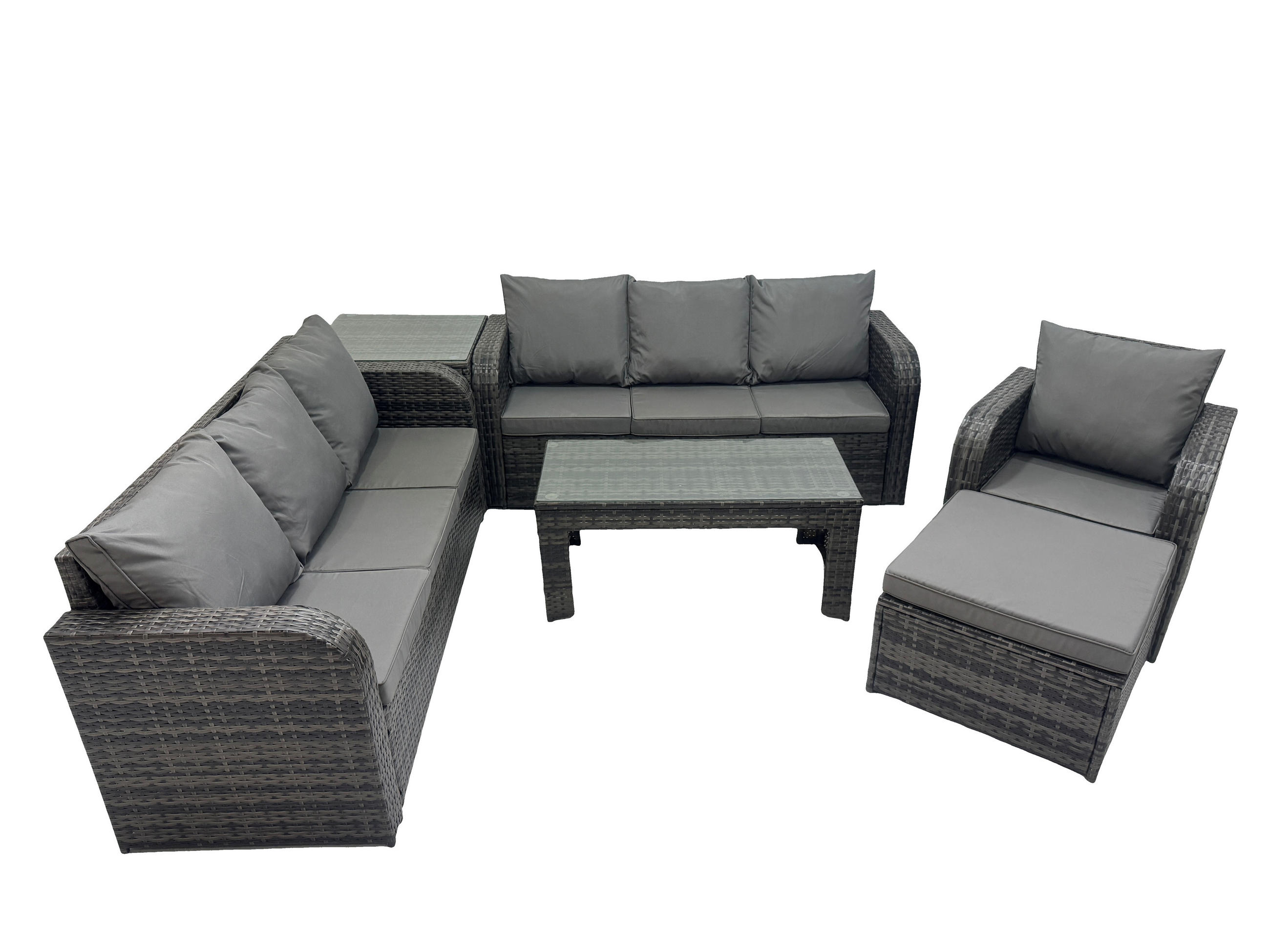 GARTENSOFA SET mit rechteckigem COUCHTISCH Polyrattan 8-Sitzer Dunkelgrau - Dunkelgrau/Grau, Glas/Kunststoff - Fimous