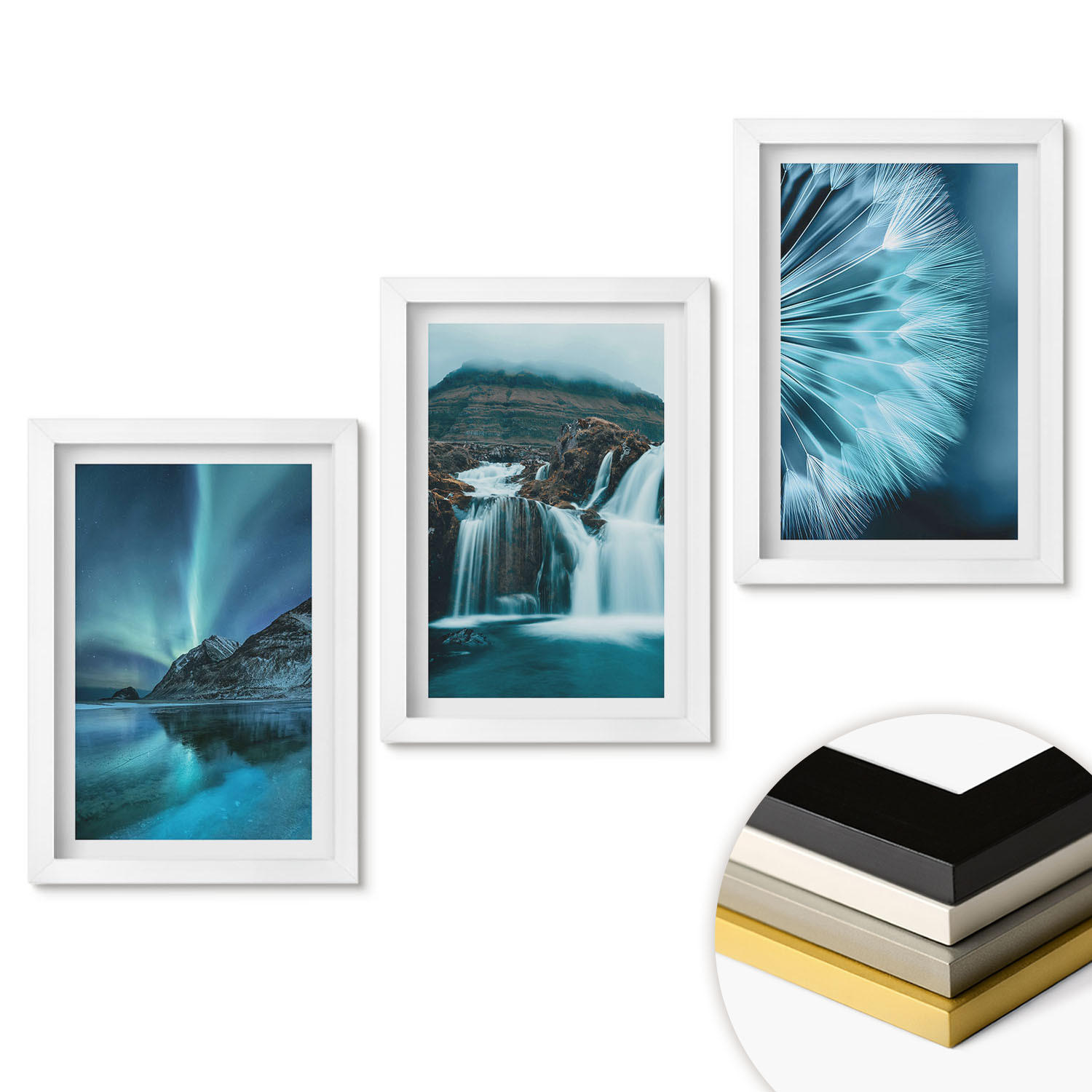 WANDBILDER 3er-Set - 20x30 cm Weißer Rahmen - Winterlandschaften mit Wasserfällen - Weiß, Kunststoff (20/30cm) - ArtPrintCave
