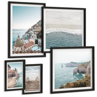 BILDER SET 5er Set - 50x50 cm & 20x30 cm & 40x60 cm Schwarzer Rahmen - Wasserfälle, Berge, Brücken, Bäume - Schwarz, Kunststoff (40/60cm) - TULUP