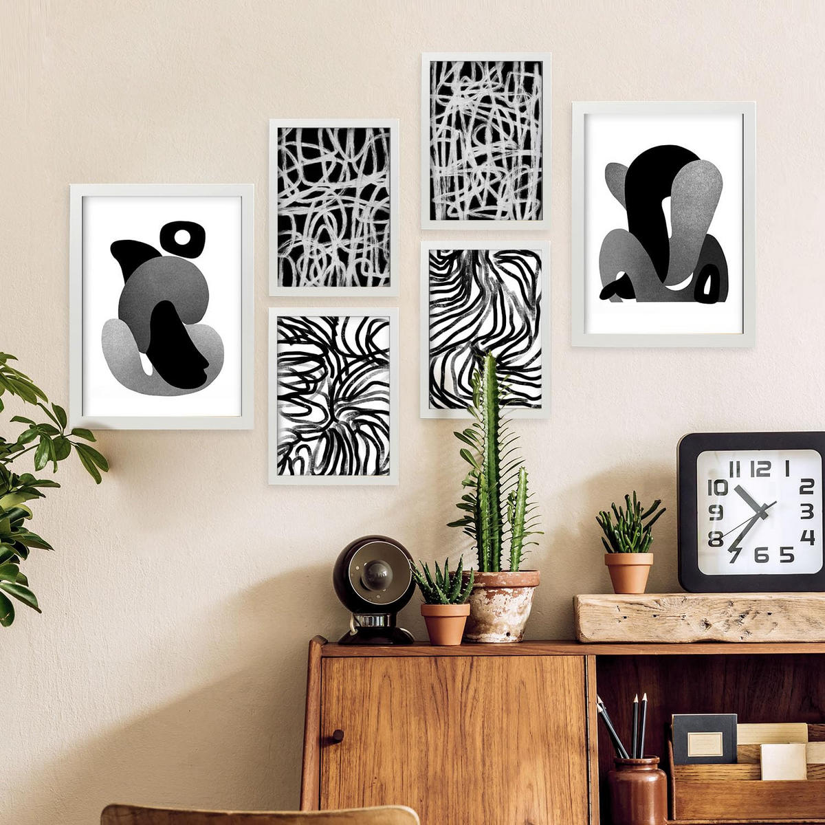 POSTER Set Mit 6 Kaput Handwerk In Liebhaber Abstrakt Ästhetische Dekorative Gemälde Für Ihr Wohnzimmer, Schlafzimmer, Zuhause A3 & A4 Weißer Rahmen - Weiß, Papier (29/3cm) - Nacnic