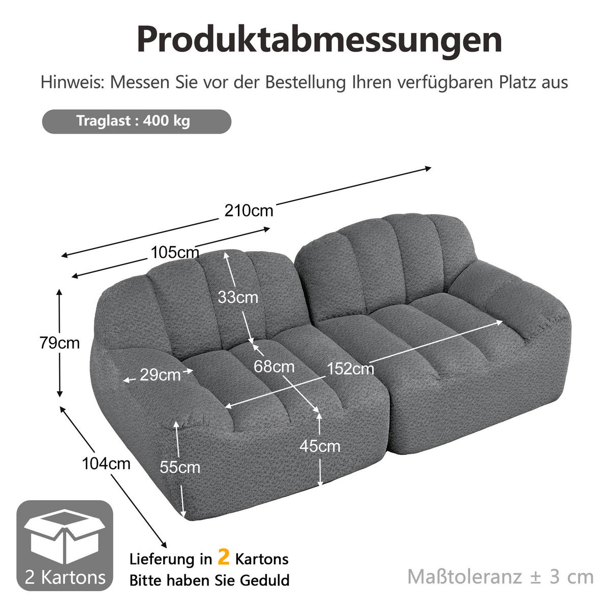 2-SITZER-SOFA DE-34312 Muschelform Grau - Grau, Textil (104/79/210cm) - ComfortXL