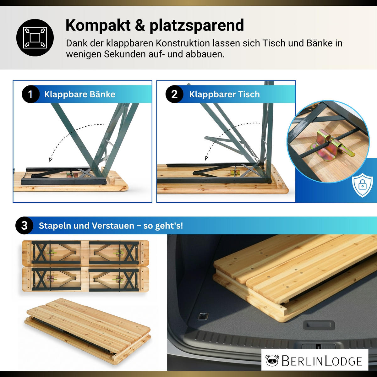 BIERZELTGARNITUR WIESN klappbar 116cm breit 3-teilig lackiertes Holz - Schwarz/Naturfarben, Holz/Metall - CHEFGASTRO