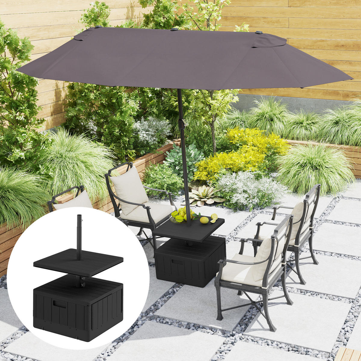 TERRASSENSCHIRMSTÄNDER DE-05508 Mit Tischplatte, befüllbar Schwarz - Schwarz, Metall (53/53cm) - ComfortXL