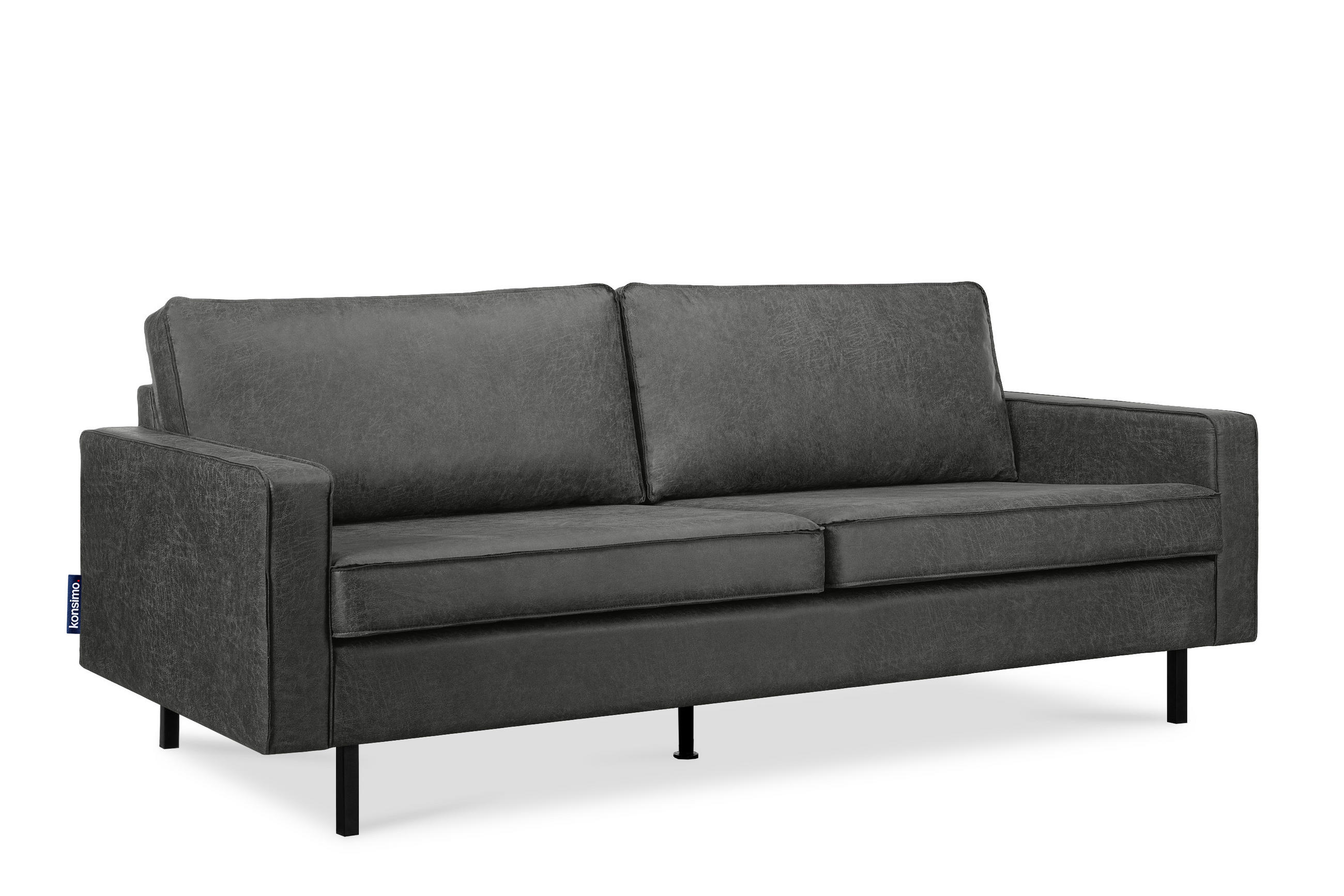 3-SITZER-SOFA INVIA Klassische-Stil mit Armlehnen, Lederoptik-Stoff, dunkelgrau - Dunkelgrau/Schwarz, Textil (209/87/98cm) - KONSIMO®
