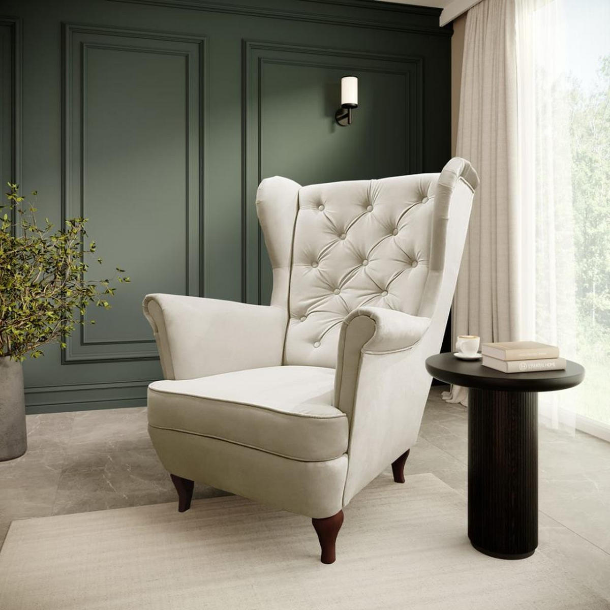 CHESTERFIELD-SESSEL Falco beige mit Holzbeinen - Wengefarben/Greige, Holz/Textil (82/102/92cm) - Beautysofa