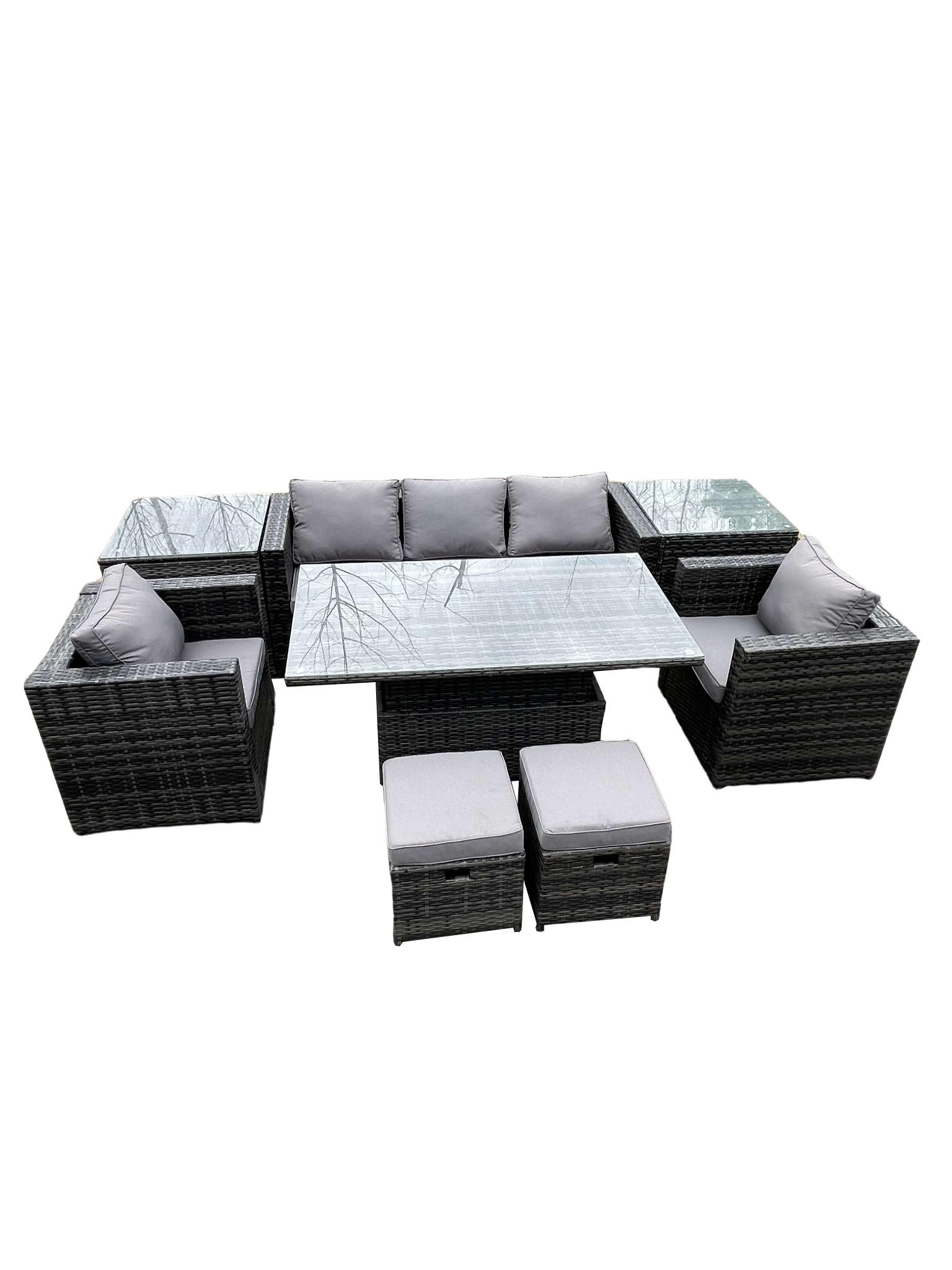GARTENSOFA Hohe Rückenlehne Polyrattan 7-Sitzer - Dunkelgrau/Grau, Glas/Kunststoff - Fimous
