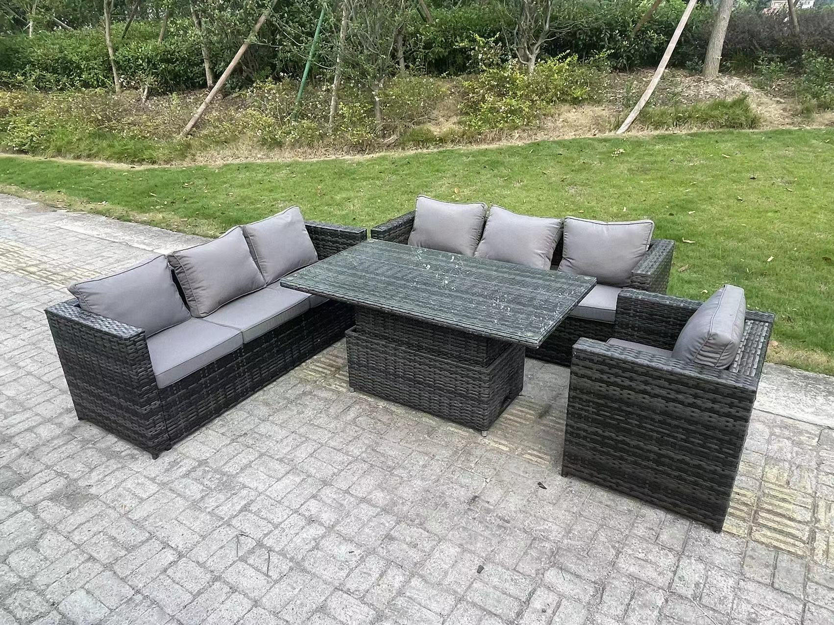 GARTENMÖBEL HÖHENVERSTELLBARER ESSTISCH SET MIT STUHL 7-Sitzer - Dunkelgrau/Grau, Glas/Kunststoff - Fimous