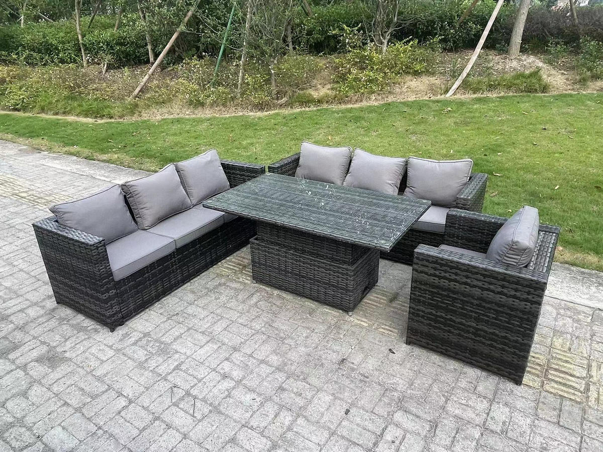 GARTENMÖBEL HÖHENVERSTELLBARER ESSTISCH SET MIT STUHL 7-Sitzer - Dunkelgrau/Grau, Glas/Kunststoff - Fimous