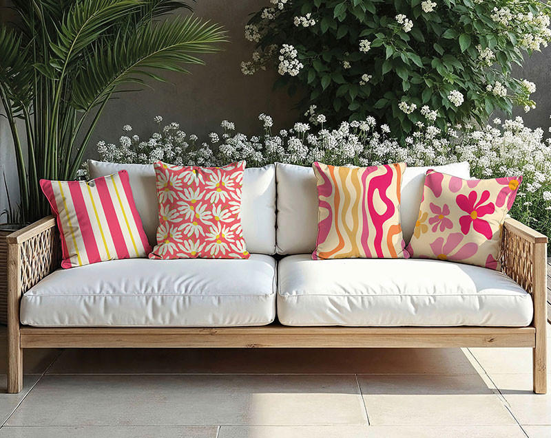 Gartenbank mit Zierkissen im bunten, floralen Design
