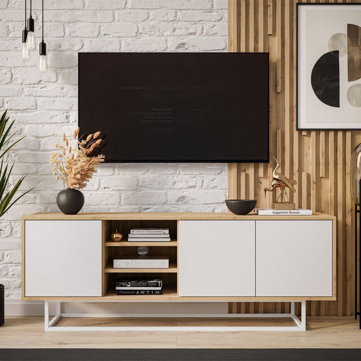 TV-ELEMENT SANAYI II mit Regalen Eiche Artisan/Weiß - Weiß, Holzwerkstoff (156/56/38cm) - Lookway