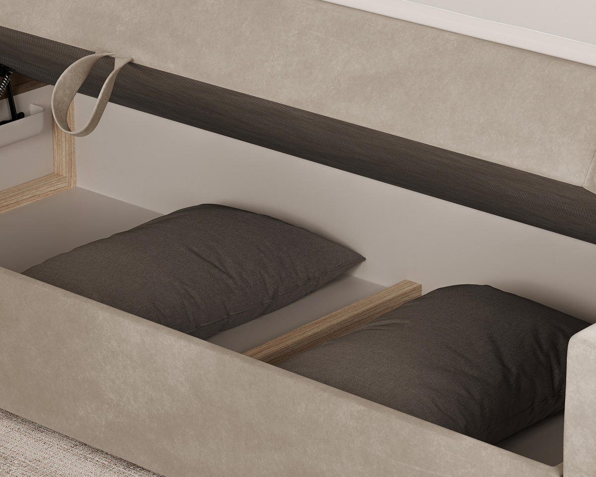 BOXBETT 12 140 x 200 cm - Manila - Modernes Polsterbett mit Bettkasten inkl. PU-Schaum-Topper und Federmechanismus - Beige, Holz (140/200cm) - ROYAL24_MARKT