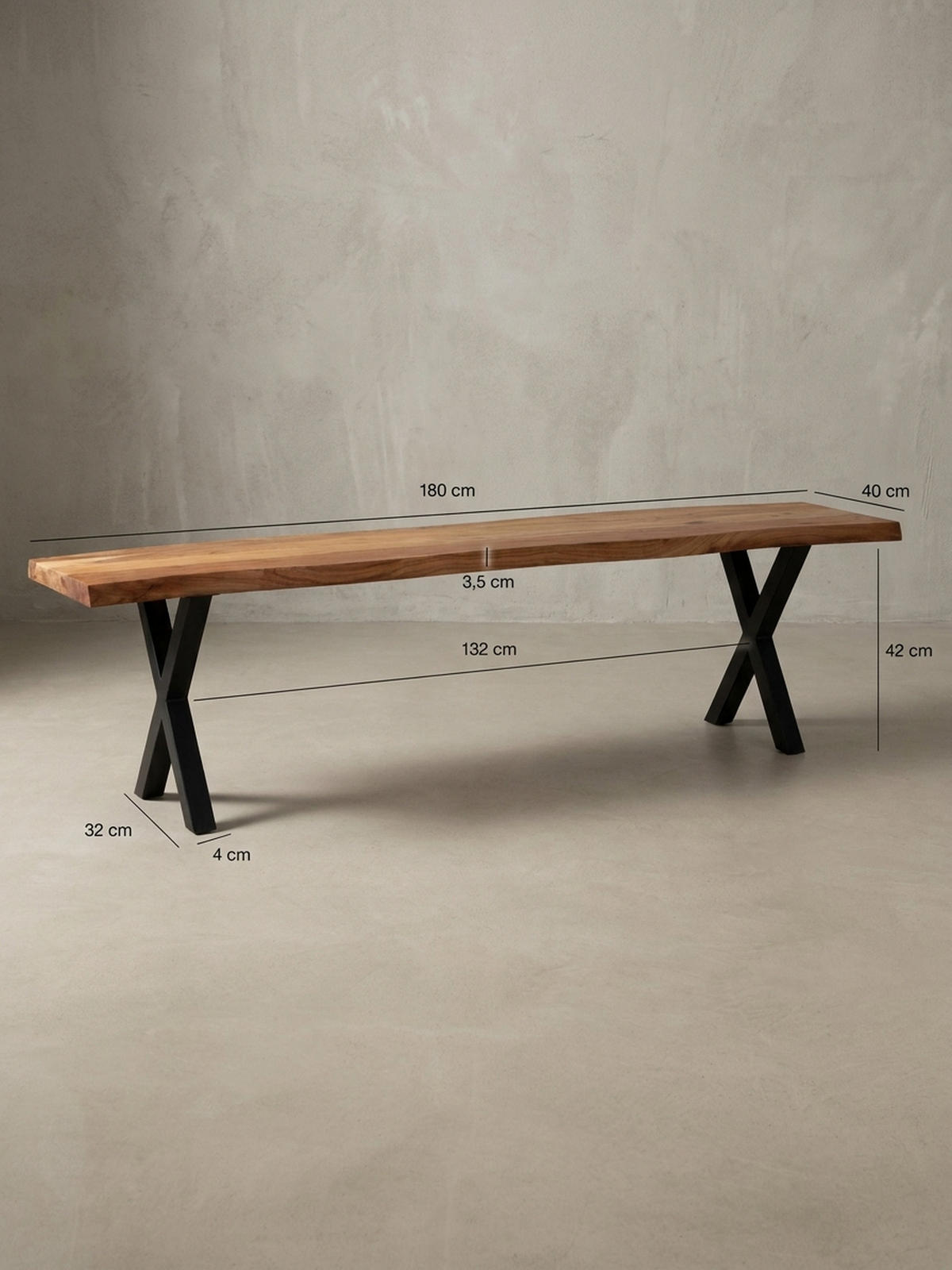 ESSZIMMERBANK Massivholz Metall Baumkante X-Beine, Akazie 180x40x46 cm - Schwarz/Braun, Holz/Metall (180/46/40cm) - KADIMA DESIGN