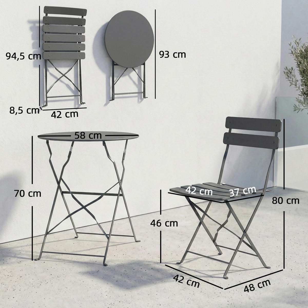 BALKONSET 3-teilig DE-14213 klappbar, doppelter Rostschutz Grau - Grau, Metall - ComfortXL